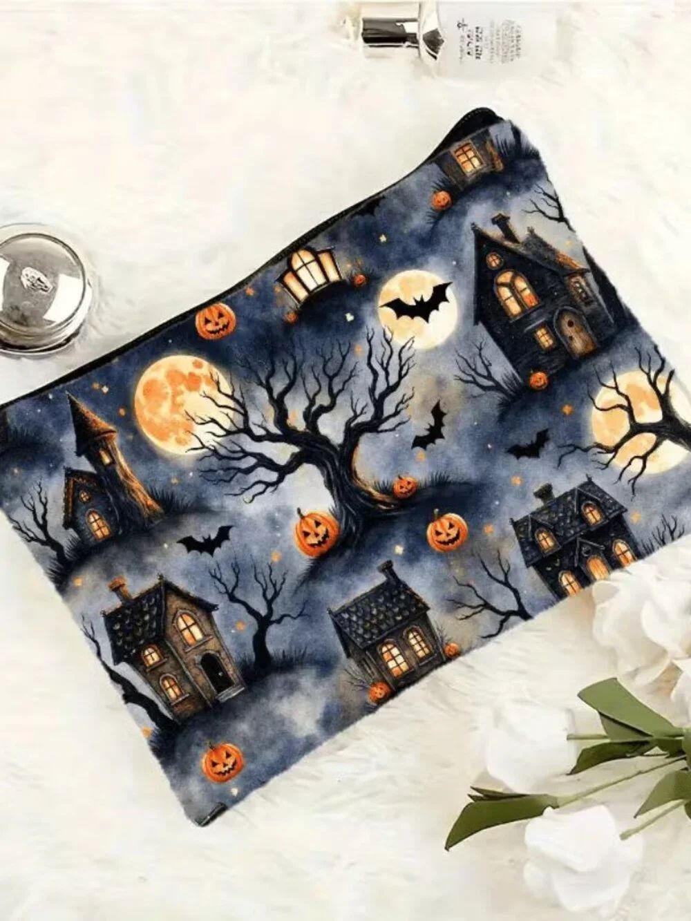 Halloween Dark Goth Bats & Haunted Houses Makeup Bag Double-Sided 6.3h" x 8.7"w